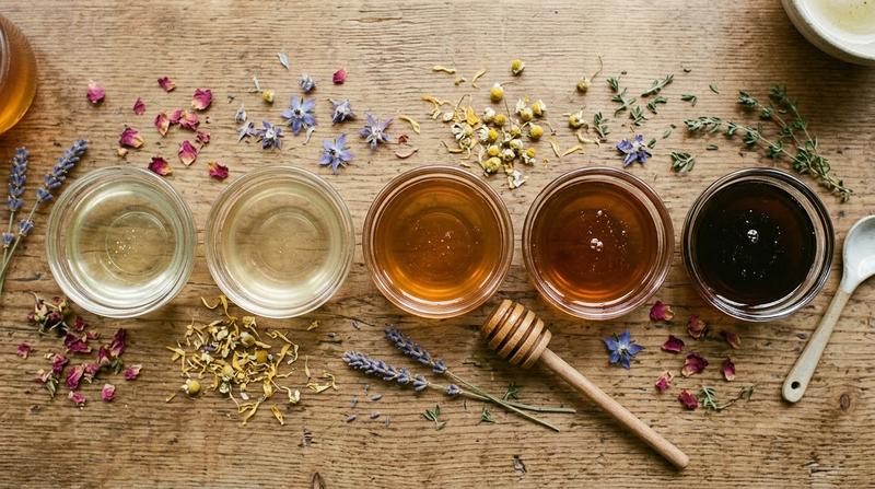 Five bowls of honey ranging from pale acacia to near-black buckwheat